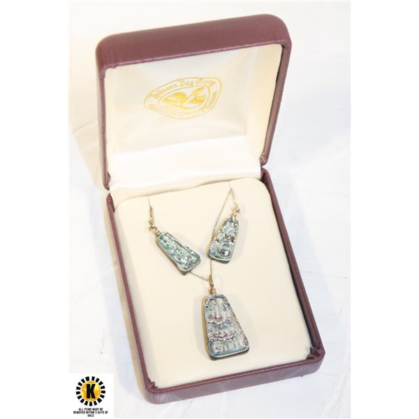 SILVER & TEAL DICHROIC GLASS NECKLACE & EARRINGS