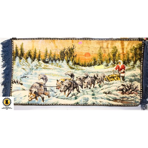 VINTAGE VELVET DOG SLEDDING SCENE WALL TAPESTRY
