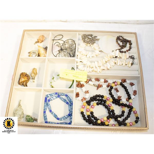 ESTATE TRAY BOX FULL OF STONE JEWELRY & MORE