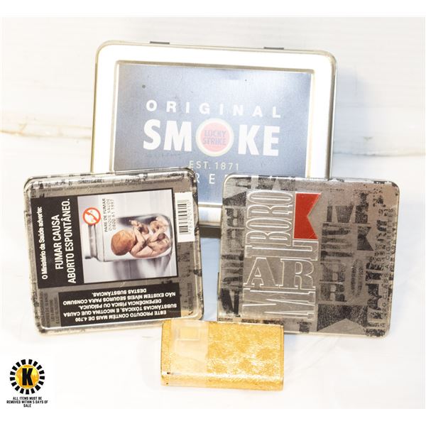 3 VINTAGE CIGGERETTE TINS WITH VINTAGE LIGHTER