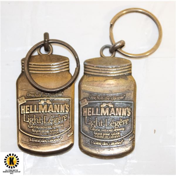 2 VINTAGE HELLMANS/BESTFOOD BRASS KEYCHAINS
