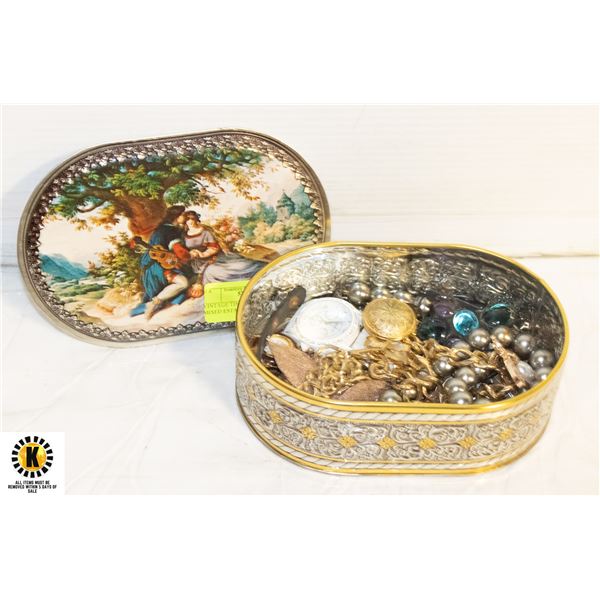 VINTAGE TIN INCLUDES VINTAGE MIXED ESTATE JEWELRY