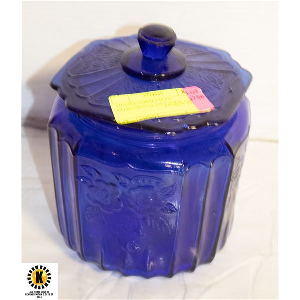 VINTAGE COBALT BLUE DEPRESSION GLASS COOKIE JAR