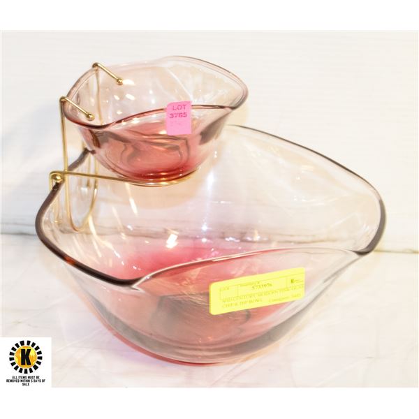 MID CENTURY MODERN PINK GLASS CHIP & DIP BOWL