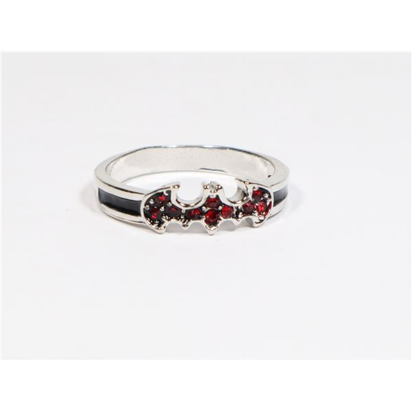 SIZE 10 BATMAN THEME RING. HAS RED RHINESTONE