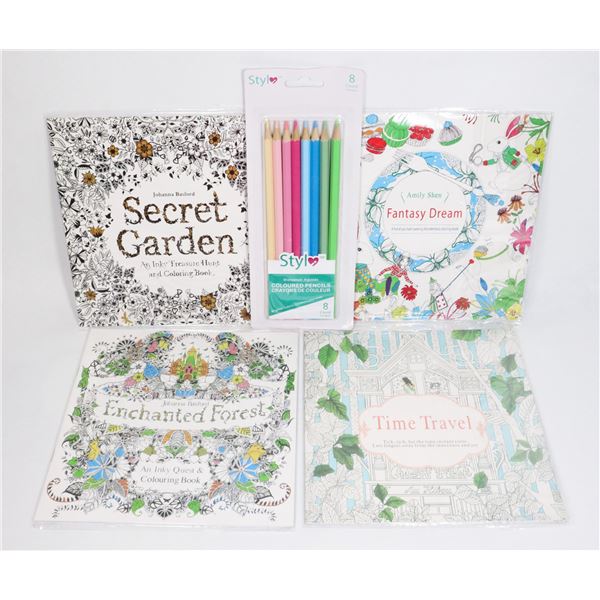 4 TRAVEL COLORING BOOKS WITH PENCIL CRAYONS