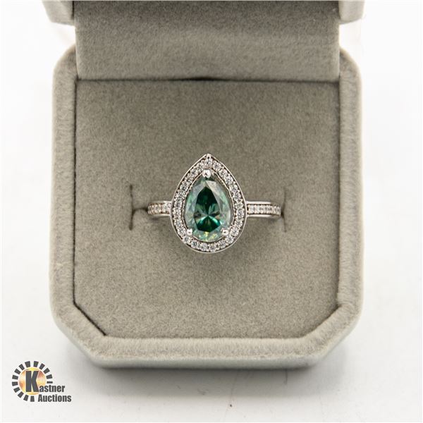 SILVER PLATED BLUISH GREEN PEAR SHAPED MOISSANITE