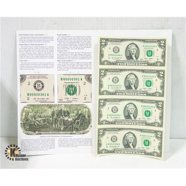 SERIES OF 2009 4 UNCUT AMERICAN $2.00 BILLS - ESTA