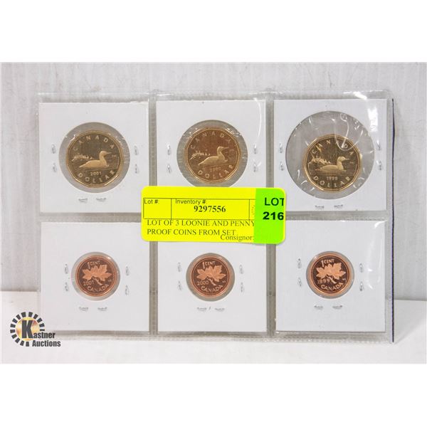 LOT OF 3 LOONIE AND PENNY PROOF COINS FROM SET