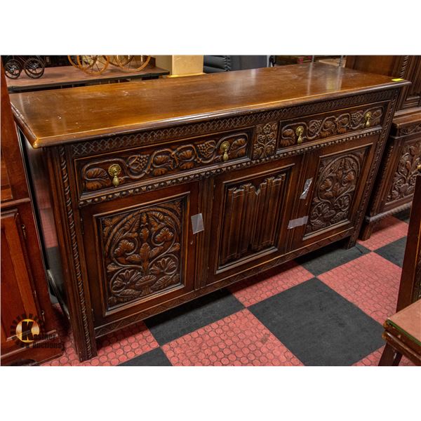 ANTIQUE SOLID WOOD CARVED 2 DOOR 3 DRAWER
