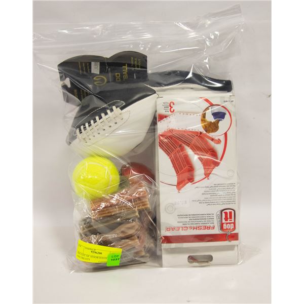 BAG LOT OF ASSORTED DOG TOYS AND TREATS