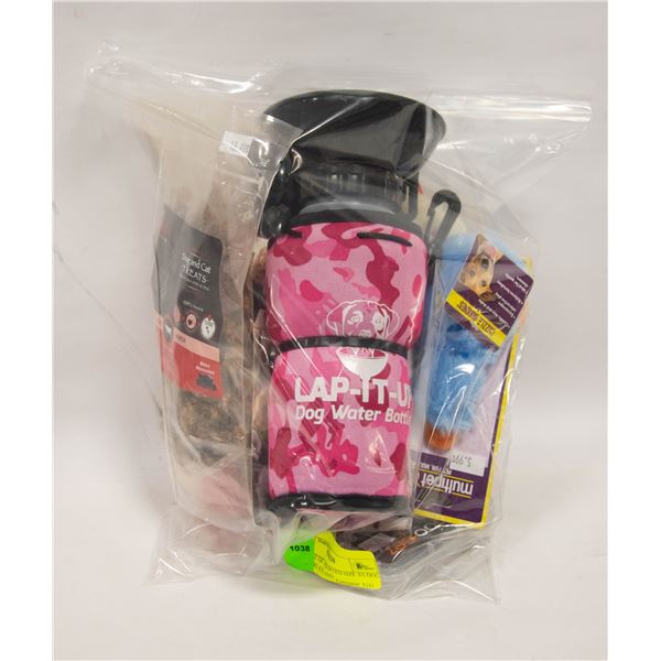 BAG LOT OF ASSORTED SIZE XS DOG TOYS, TREATS AND