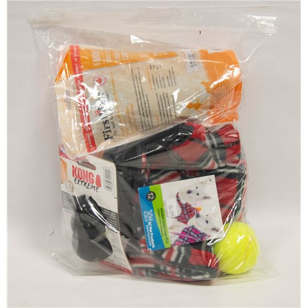 BAG LOT OF ASSORTED SIZE SM DOG TOYS, TREATS AND