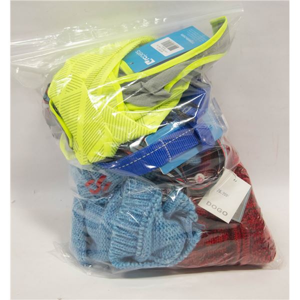 BAG LOT OF ASSORTED SIZE SM DOG TOYS, TREATS AND