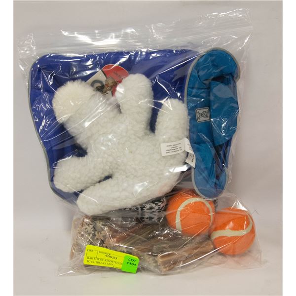 BAG LOT OF ASSORTED SIZE XS DOG TOYS, TREATS AND