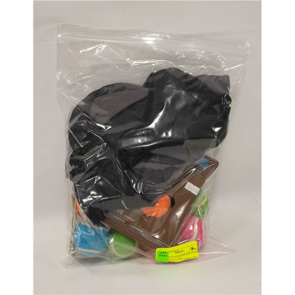 BAG LOT OF ASSORTED SIZE XS DOG TOYS, TREATS AND