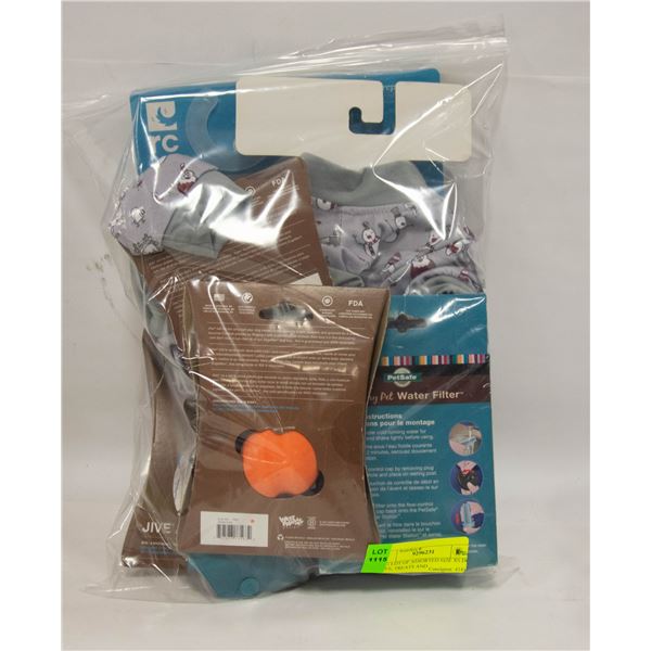 BAG LOT OF ASSORTED SIZE XS DOG TOYS, TREATS AND