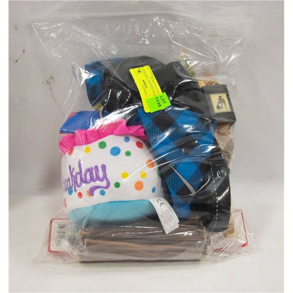 ASSORTED DOG BAG: VEST SIZE 16 TOYS TREATS & BRUSH