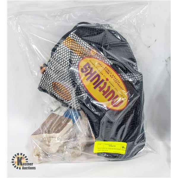 BAG LOT OF ASSORTED DOG TOYS AND TREATS