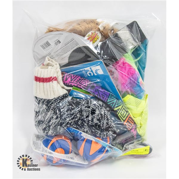 BAG LOT OF ASSORTED DOG TOYS AND TREATS