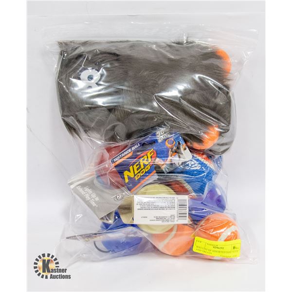 BAG LOT OF ASSORTED DOG TOYS AND TREATS