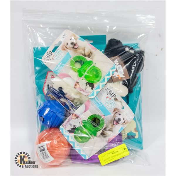 BAG LOT OF ASSORTED DOG TOYS AND TREATS
