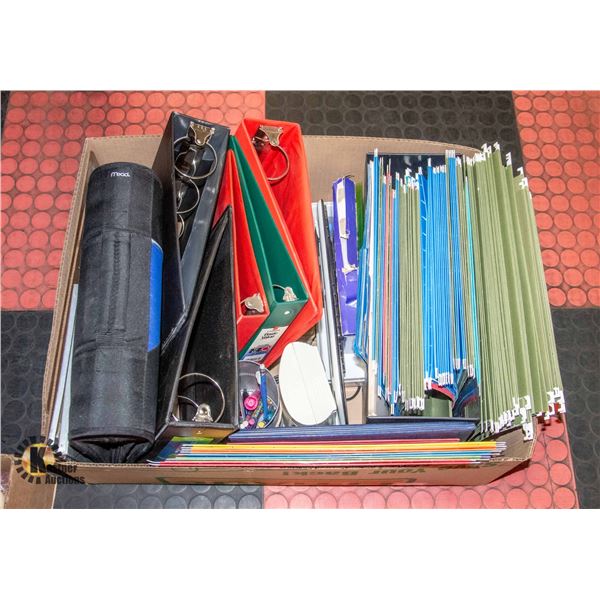 BOX OF OFFICE SUPPLIES AND BINDERS INCL. ID