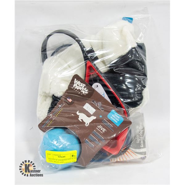 BAG LOT OF ASSORTED SIZE XL DOG TOYS, TREATS AND