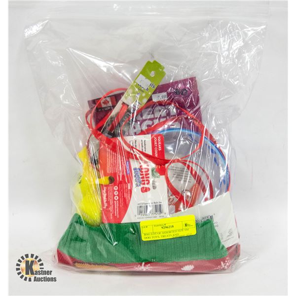 BAG LOT OF ASSORTED SIZE SM DOG TOYS, TREATS AND