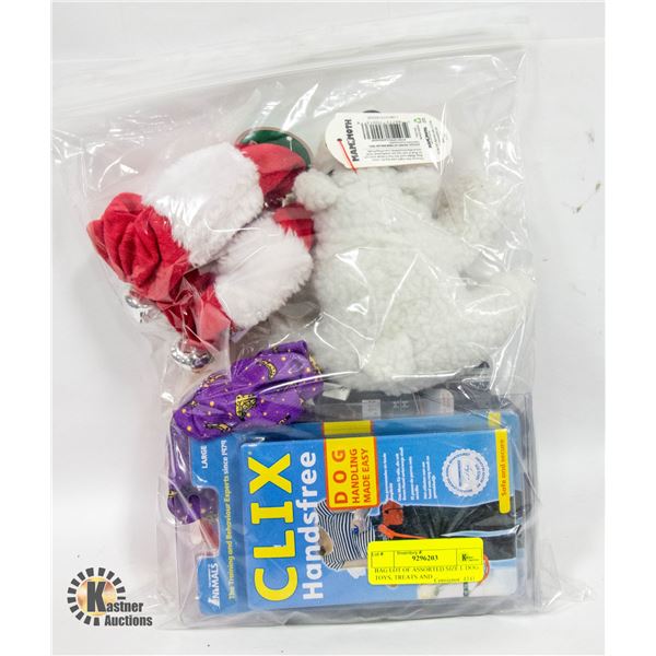 BAG LOT OF ASSORTED SIZE L DOG TOYS, TREATS AND