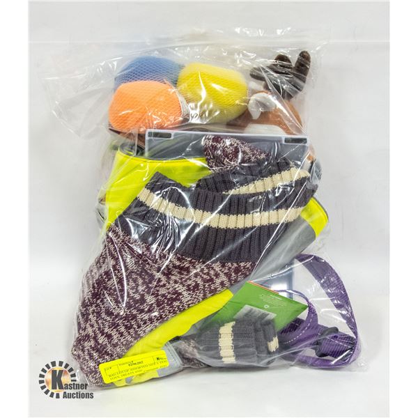 BAG LOT OF ASSORTED SIZE L DOG TOYS, TREATS AND