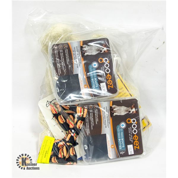 BAG LOT OF ASSORTED SIZE L DOG TOYS, TREATS AND