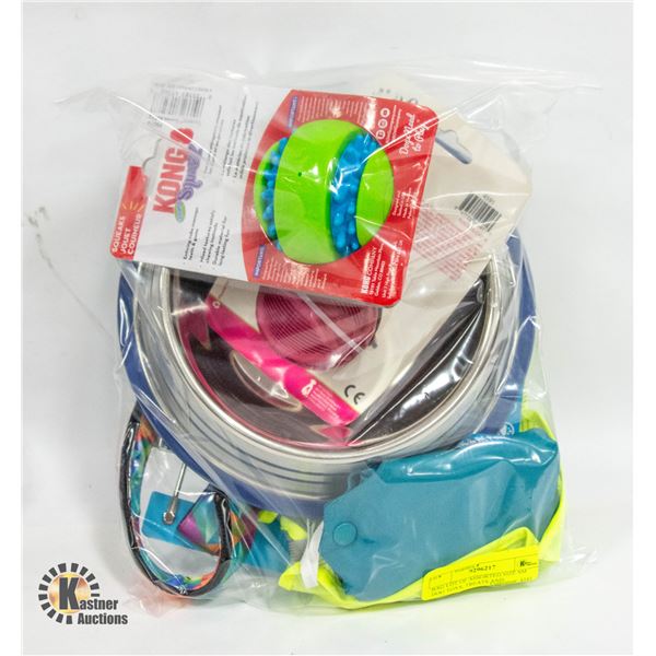 BAG LOT OF ASSORTED SIZE SM DOG TOYS, TREATS AND
