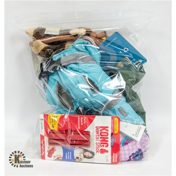 BAG LOT OF ASSORTED SIZE XS DOG TOYS, TREATS AND