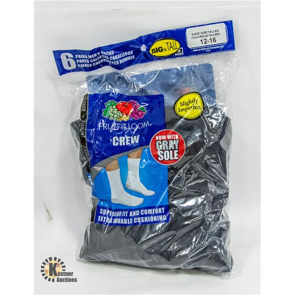 BLACK CREW SOCKS 12-16 SIZE 6-PACK FRUIT OF LOOM