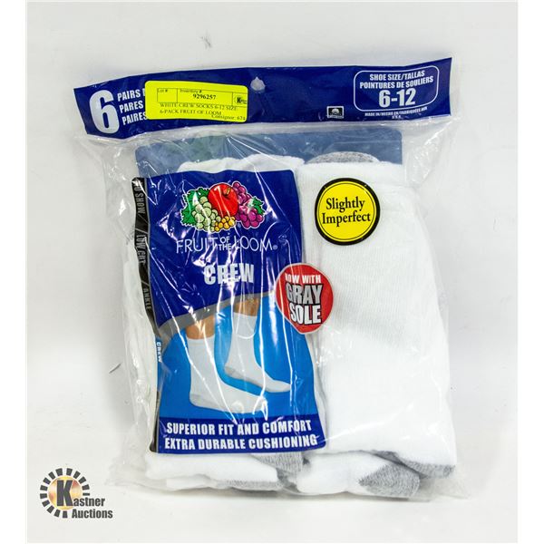 WHITE CREW SOCKS 6-12 SIZE 6-PACK FRUIT OF LOOM