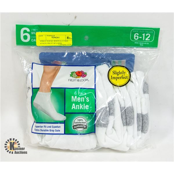 ANKLE SOCKS WHITE 6-12 SIZE 6-PACK FRUIT OF LOOM
