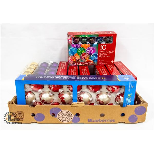 LOT OF GLOBE LIGHTS & CHRISTMAS ORNAMENTS