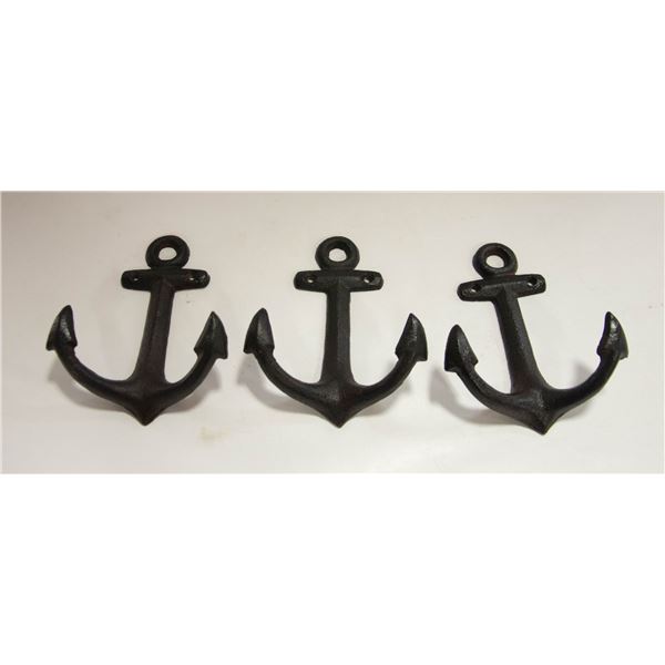 3 CAST IRON ANCHOR COAT/HAT WALL HOOKS-ESTATE