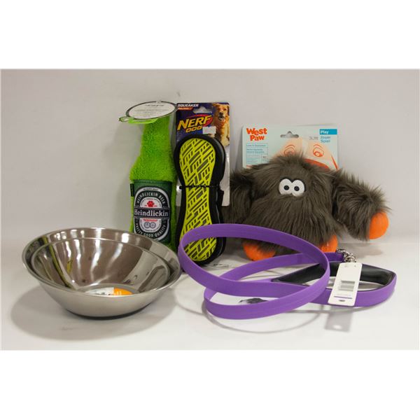 ASSORTED FLAT 2 TILT BOWLS, LEASH AND TOYS