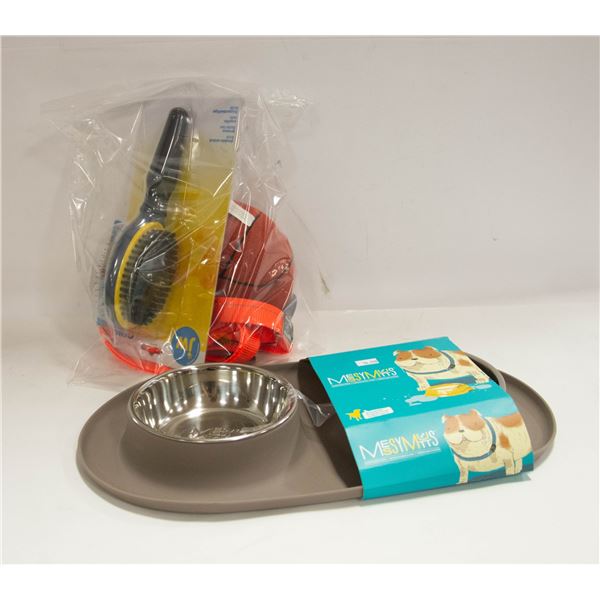 ASSORTED FLAT MESSY MUTTS FOOD TRAY, TOY LEASH