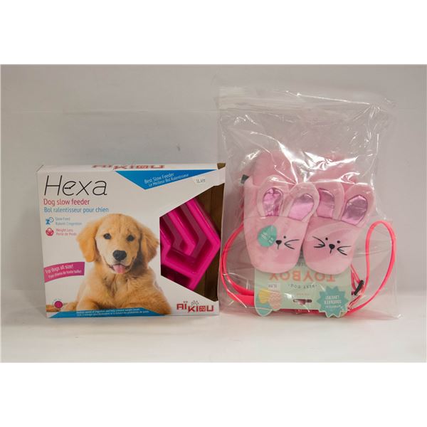 ASSORTED FLAT SLOW FEEDER, SLIPPERS, LEASH