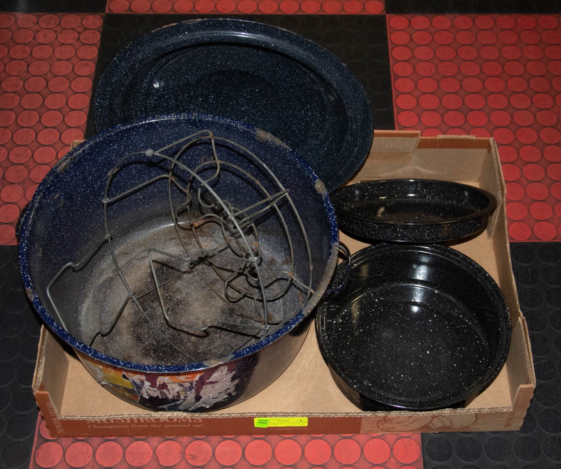 2 VINTAGE ENAMEL CANNING POTS W/ JAR RACK