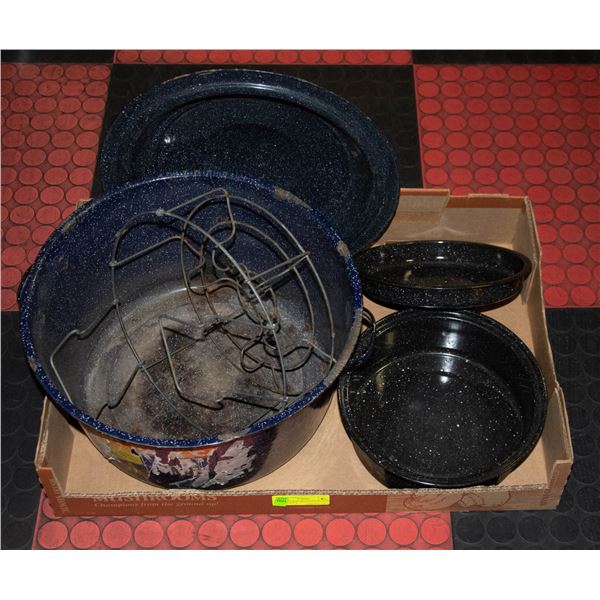 2 VINTAGE ENAMEL CANNING POTS W/ JAR RACK