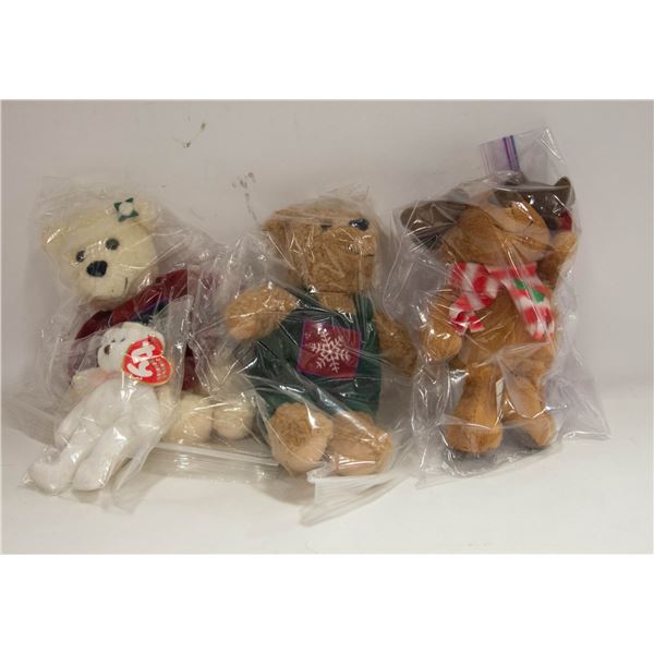 3 NEW 10" CHRISTMAS STUFFIES & 1 - 5" TY BEANIE