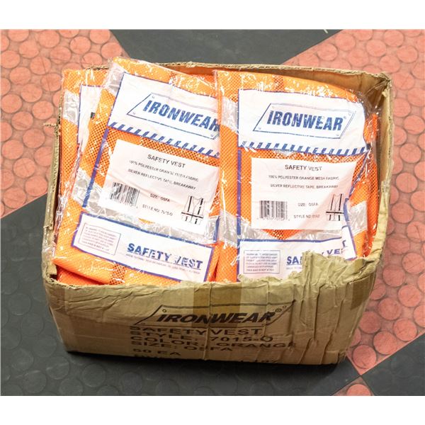 CASE OF 50 IRONWARE ORANGE SAFETY VESTS ONE SIZE