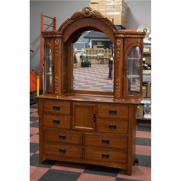 DRESSER WITH CURVED FRONT ORNATE CABINET MIRROR