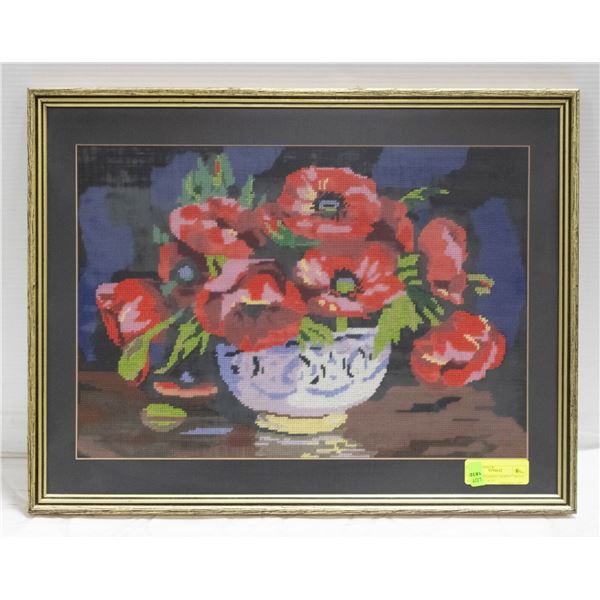 VINTAGE FRAMED "POPPY" CROSS STITCH- 22" X 17"
