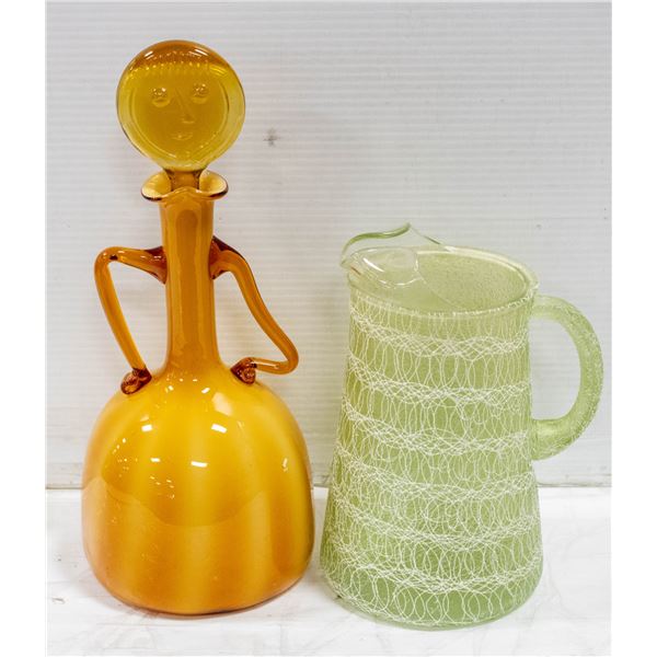 BROWN GLASS DECANTER WITH “FACE” STOPPER 1950 +