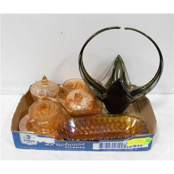 FLAT OF CARNIVAL GLASS DISHES